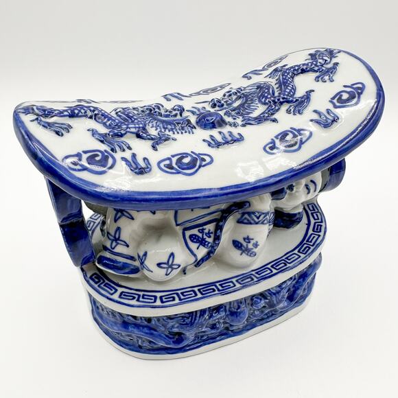 Antique Chinese Neck Pillow Blue and White Chinoiserie Dragon Boat Porcelain - Picture 5 of 13